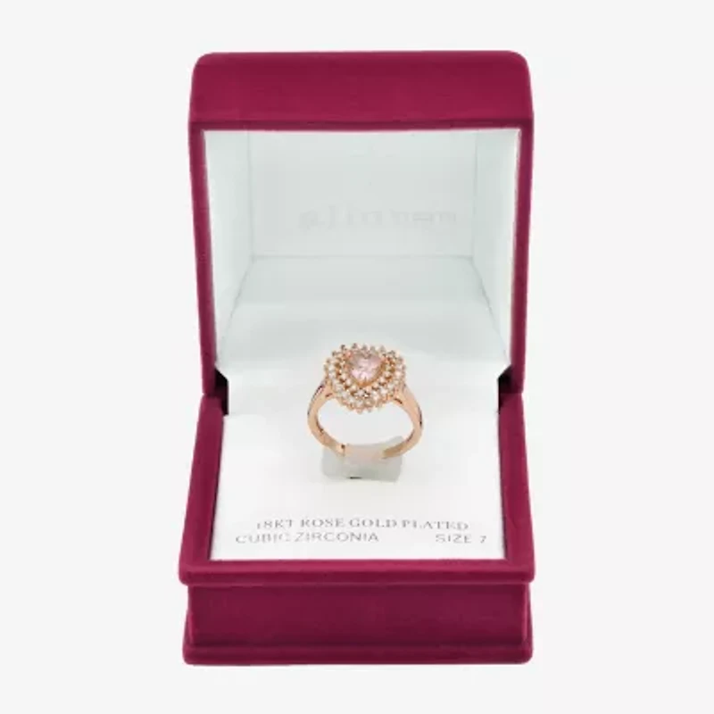 Sparkle Allure Double Halo Womens Pink Crystal 18K Rose Gold Over Brass Heart Cocktail Ring