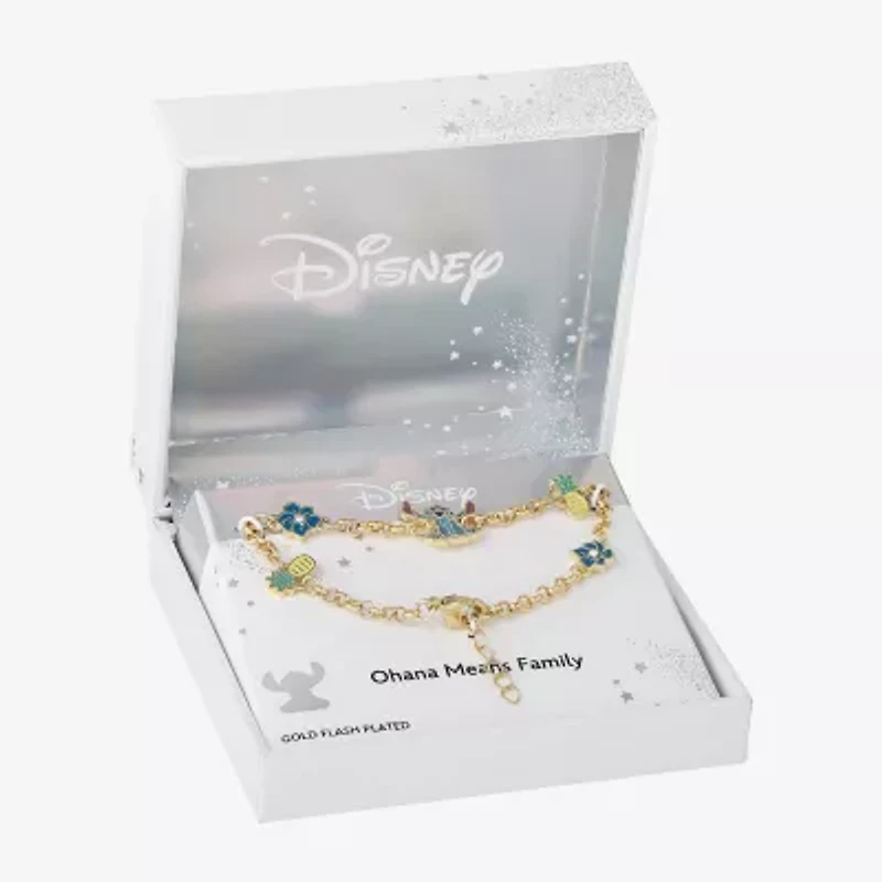 Disney Classics Womens Crystal 18K Gold Over Brass Flower Lilo & Stitch Charm Bracelet