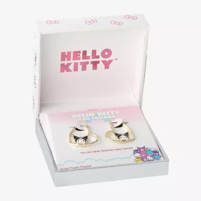 Womens Crystal 18K Gold Over Brass 26mm Heart Hello Kitty Kuromi Hoop Earrings