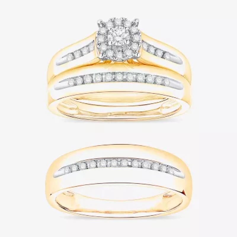 (I / Si1) 3PC Trio Set Featuring 3/8 CT. T.W. Lab Grown White Diamond 10K Two Tone Gold Round Side Stone Wedding Bridal Set