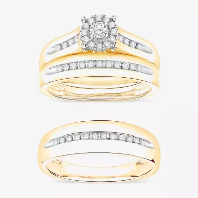 (I / Si1) 3PC Trio Set Featuring 3/8 CT. T.W. Lab Grown White Diamond 10K Two Tone Gold Round Side Stone Wedding Bridal Set