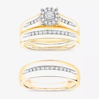 (I / Si1) 3PC Trio Set Featuring 3/8 CT. T.W. Lab Grown White Diamond 10K Two Tone Gold Round Side Stone Wedding Bridal Set
