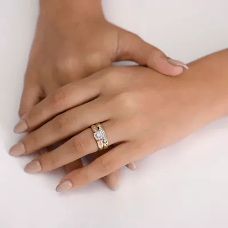 (I / Si1) 3PC Trio Set Featuring 3/8 CT. T.W. Lab Grown White Diamond 10K Two Tone Gold Round Side Stone Wedding Bridal Set