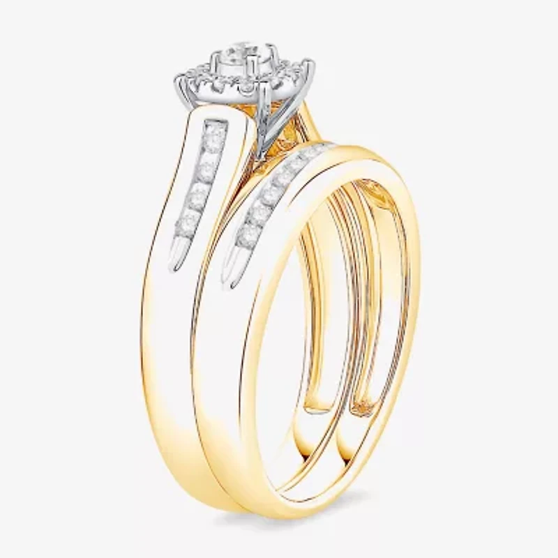 (I / Si1) 3PC Trio Set Featuring 3/8 CT. T.W. Lab Grown White Diamond 10K Two Tone Gold Round Side Stone Wedding Bridal Set