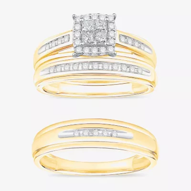 (I / Si1) 3PC Trio Set Featuring 1/2 CT. T.W. Lab Grown White Diamond 10K Two Tone Gold Side Stone Wedding Bridal Set