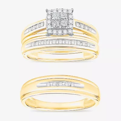 (I / Si1) 3PC Trio Set Featuring 1/2 CT. T.W. Lab Grown White Diamond 10K Two Tone Gold Side Stone Wedding Bridal Set