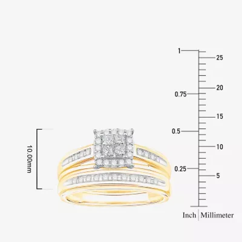 (I / Si1) 3PC Trio Set Featuring 1/2 CT. T.W. Lab Grown White Diamond 10K Two Tone Gold Side Stone Wedding Bridal Set
