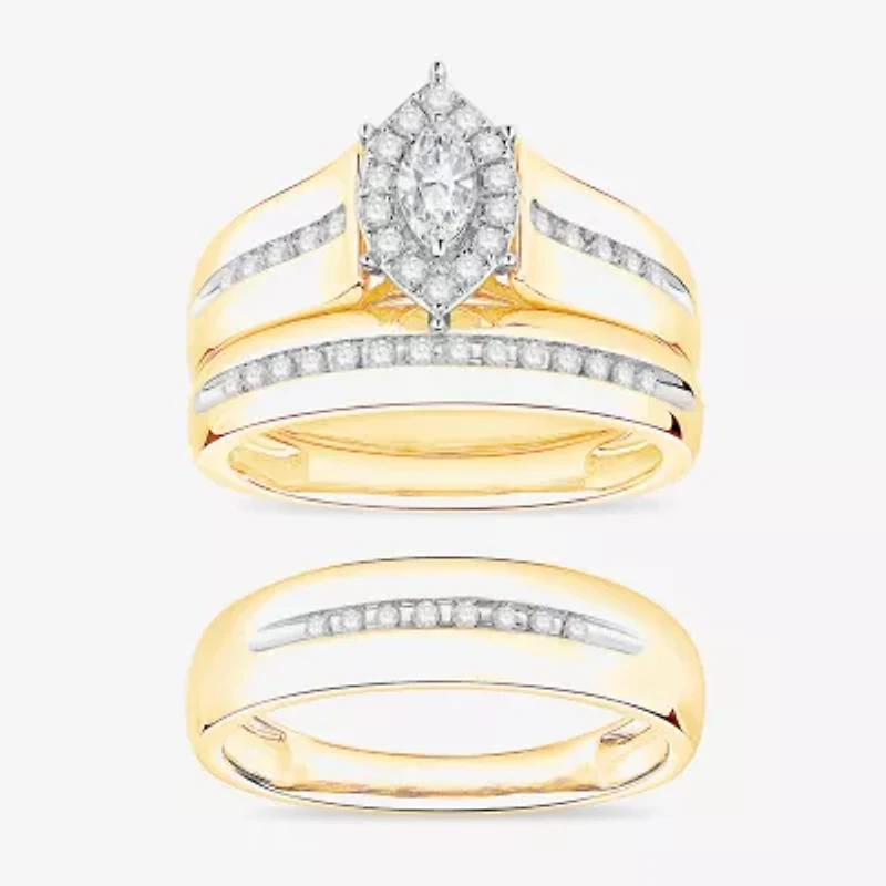 (I / Si1) 3PC Trio Set Featuring 1/2 CT. T.W. Lab Grown White Diamond 10K Two Tone Gold Marquise Side Stone Wedding Bridal Set