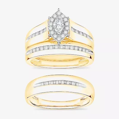(I / Si1) 3PC Trio Set Featuring 1/2 CT. T.W. Lab Grown White Diamond 10K Two Tone Gold Marquise Side Stone Wedding Bridal Set