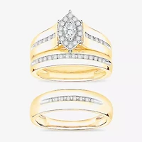 (I / Si1) 3PC Trio Set Featuring 1/2 CT. T.W. Lab Grown White Diamond 10K Two Tone Gold Marquise Side Stone Wedding Bridal Set