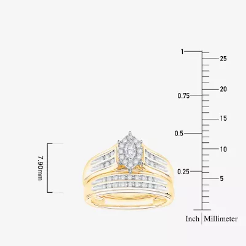 (I / Si1) 3PC Trio Set Featuring 1/2 CT. T.W. Lab Grown White Diamond 10K Two Tone Gold Marquise Side Stone Bridal Set