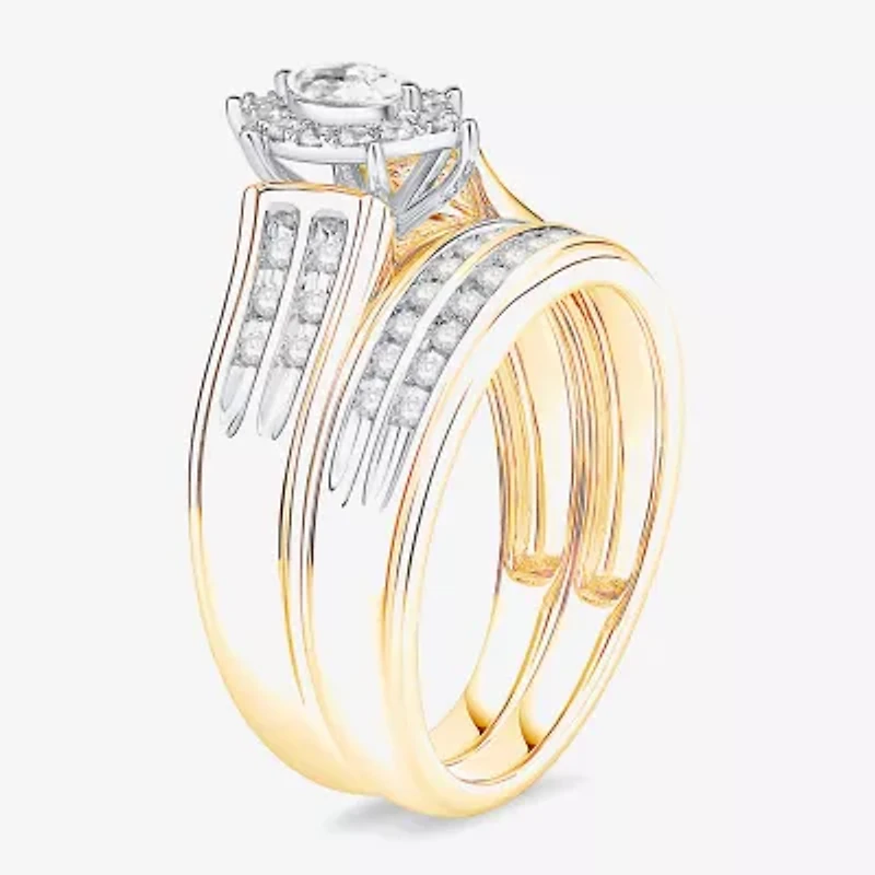 (I / Si1) 3PC Trio Set Featuring 1/2 CT. T.W. Lab Grown White Diamond 10K Two Tone Gold Marquise Side Stone Bridal Set