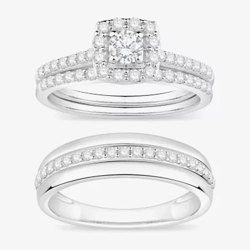 (I / Si1) 3PC Trio Set Featuring 1 CT. T.W. Lab Grown White Diamond 10K White Gold Round Side Stone Wedding Bridal Set