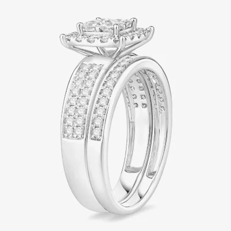 (I / Si1) 3PC Trio Set Featuring 1 1/2 CT. T.W. Lab Grown White Diamond 10K White Gold Side Stone Wedding Bridal Set