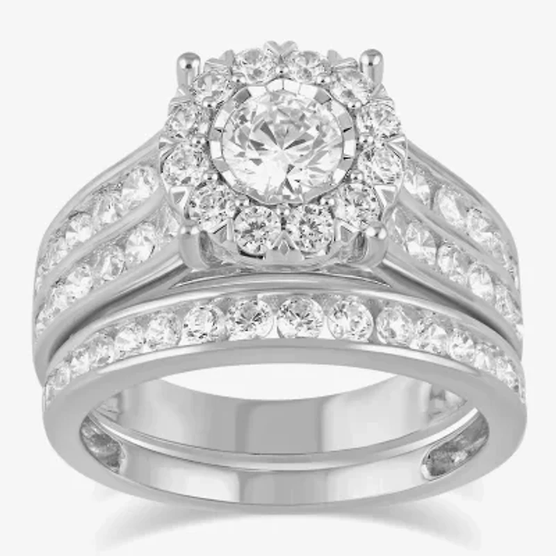 (G / I1) Womens 2 CT. T.W. Lab Grown White Diamond 10K Gold Round Side Stone Engagement Ring