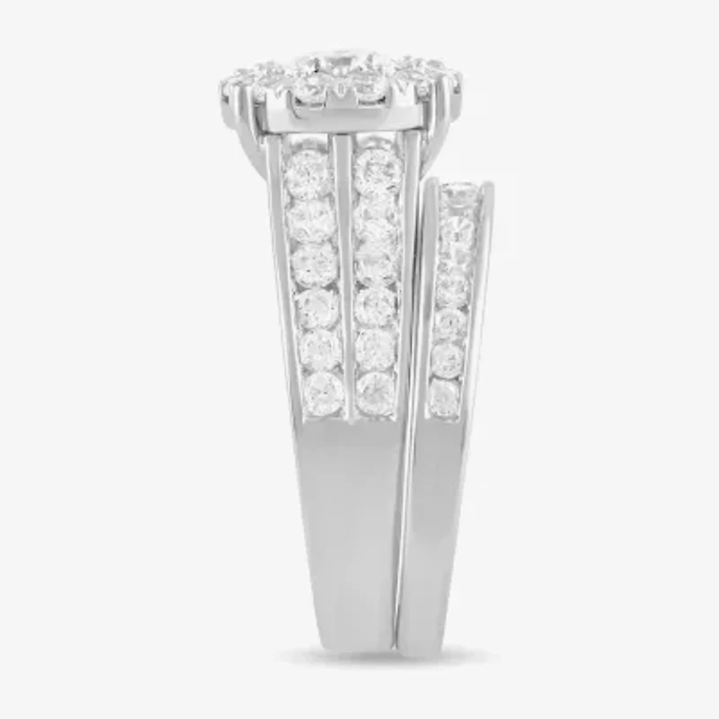 (G / I1) Womens 2 CT. T.W. Lab Grown White Diamond 10K Gold Round Side Stone Engagement Ring