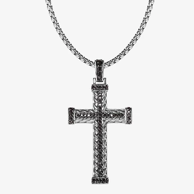 Mens Black Cubic Zirconia Stainless Steel Cross 24 Inch Pendant Necklace