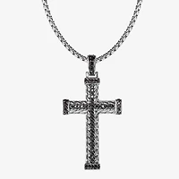 Mens Black Cubic Zirconia Stainless Steel Cross 24 Inch Pendant Necklace