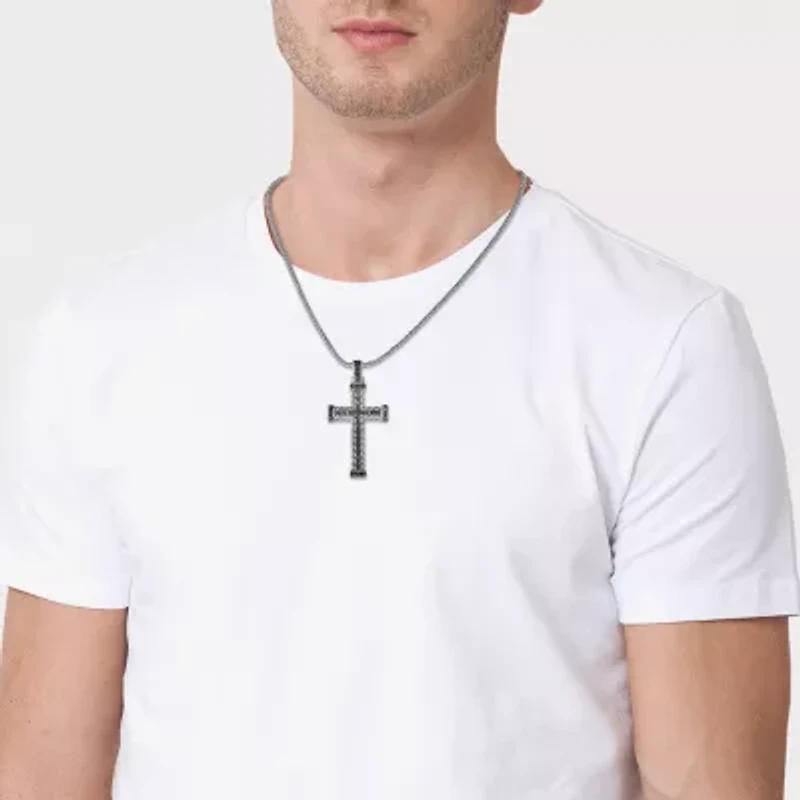 Mens Black Cubic Zirconia Stainless Steel Cross 24 Inch Pendant Necklace