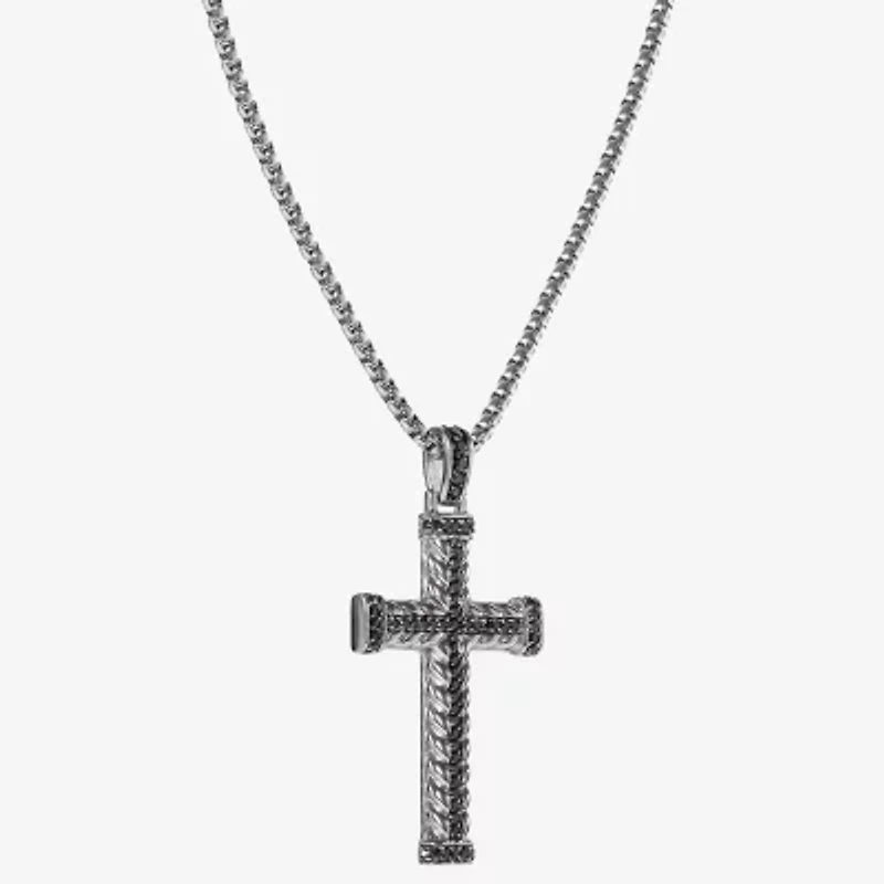 Mens Black Cubic Zirconia Stainless Steel Cross 24 Inch Pendant Necklace