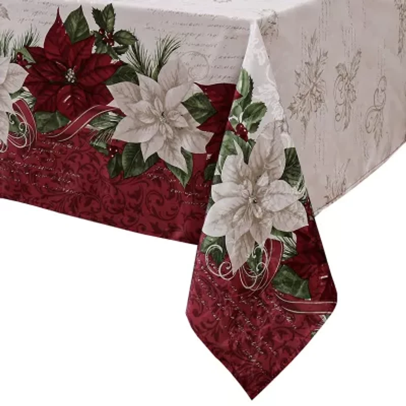 Elrene Home Fashions Clarette Poinsettia Holiday Fabric Tablecloth