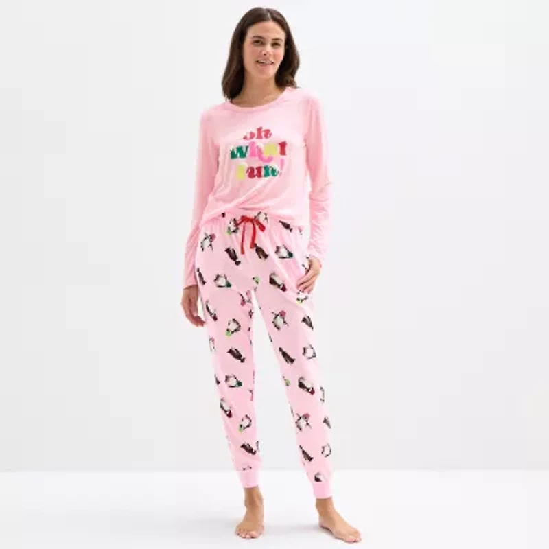 Sleep Chic Womens Crew Neck Long Sleeve 2-pc. Pajama Sets