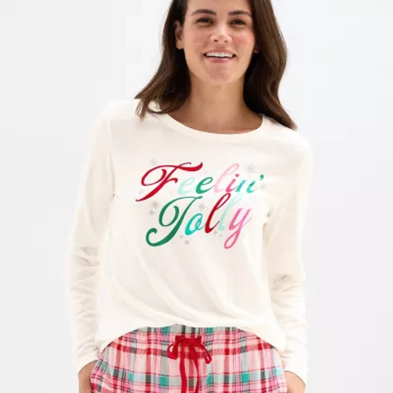 Sleep Chic Womens Crew Neck Long Sleeve 2-pc. Pajama Sets