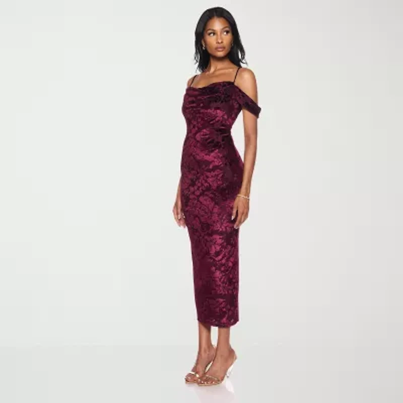 Premier Amour Womens Cold-Shoulder Short Sleeve Midi Sheath Dress