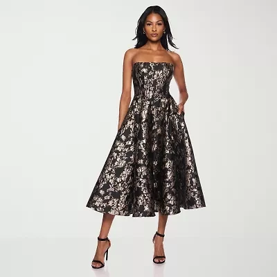 Premier Amour Womens Strapless Floral Midi Fit + Flare Dress