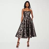 Premier Amour Womens Strapless Floral Midi Fit + Flare Dress