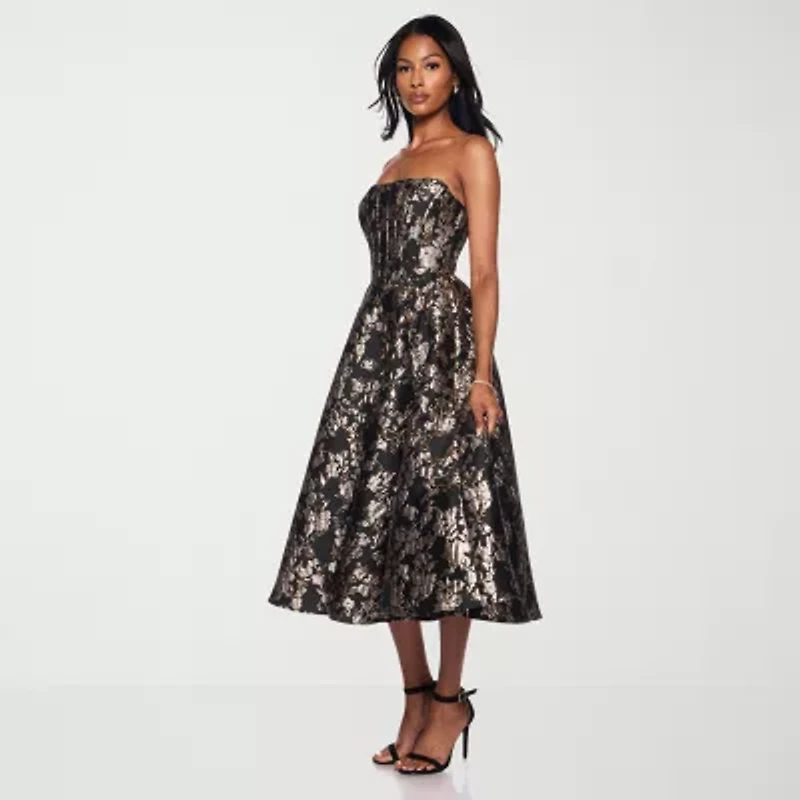 Premier Amour Womens Strapless Floral Midi Fit + Flare Dress