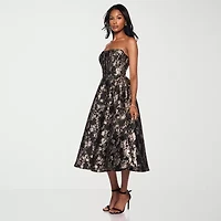Premier Amour Womens Strapless Floral Midi Fit + Flare Dress