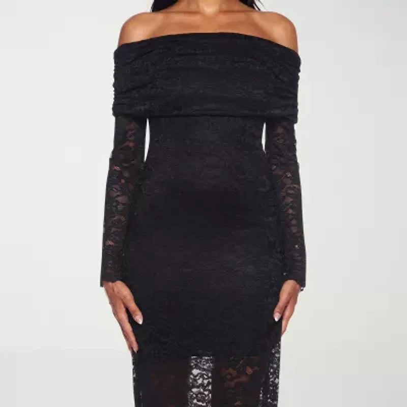 Premier Amour Off The Shoulder Womens Long Sleeve Midi Sheath Dress