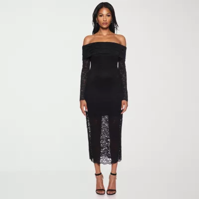 Premier Amour Off The Shoulder Womens Long Sleeve Midi Sheath Dress