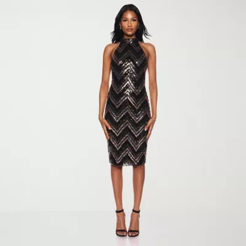 Premier Amour Womens Sequins Sleeveless Midi Sheath Dress