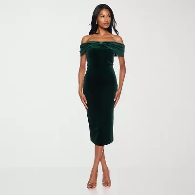 Premier Amour Womens Off The Shoulder Short Sleeve Velvet Sheath Dress