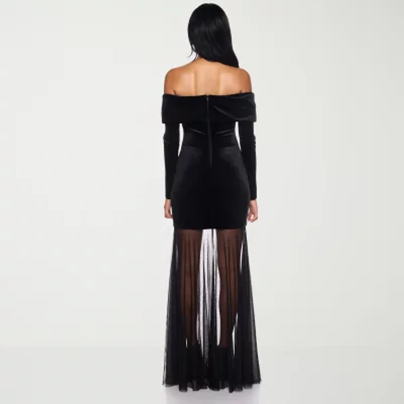 Premier Amour Womens Off The Shoulder Long Sleeve Velvet Evening Gown