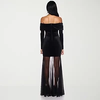 Premier Amour Womens Off The Shoulder Long Sleeve Velvet Evening Gown