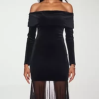 Premier Amour Womens Off The Shoulder Long Sleeve Velvet Evening Gown
