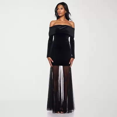 Premier Amour Womens Off The Shoulder Long Sleeve Velvet Evening Gown