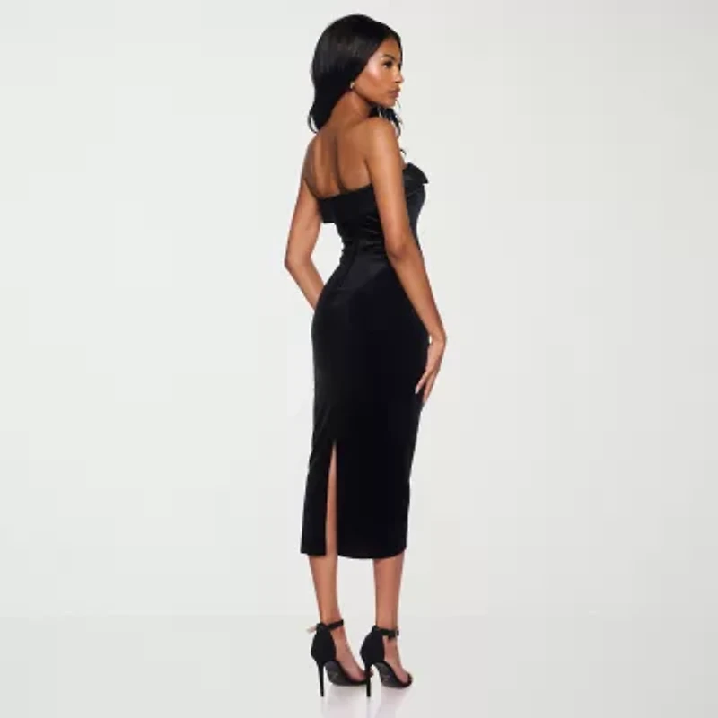Premier Amour Womens Strapless Velvet Midi Sheath Dress