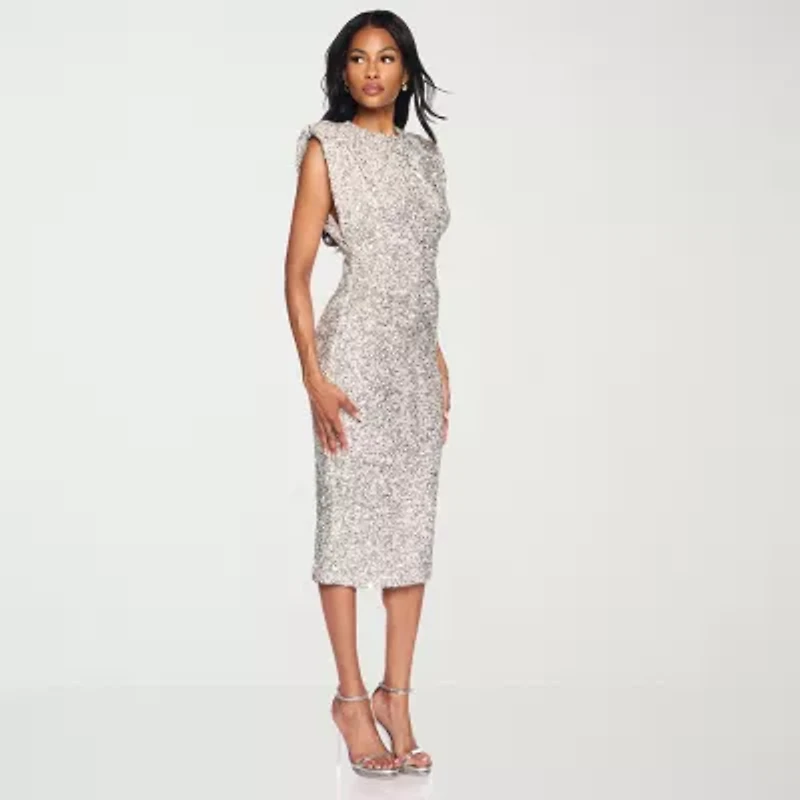Premier Amour Womens Sequins Short Sleeve Midi Sheath Dress