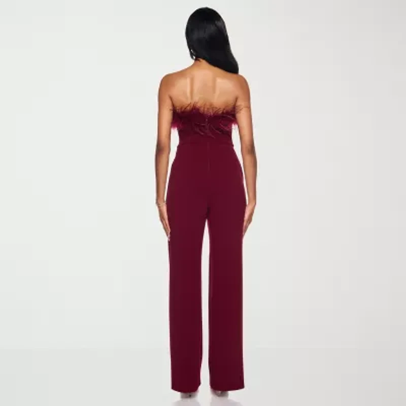Premier Amour Womens Strapless Faux-Feather Trim Jumpsuit