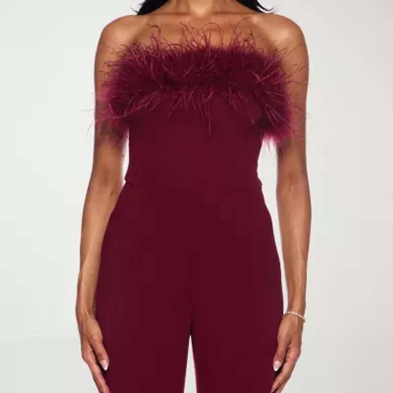 Premier Amour Womens Strapless Faux-Feather Trim Jumpsuit
