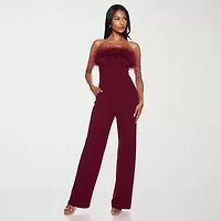 Premier Amour Womens Strapless Faux-Feather Trim Jumpsuit