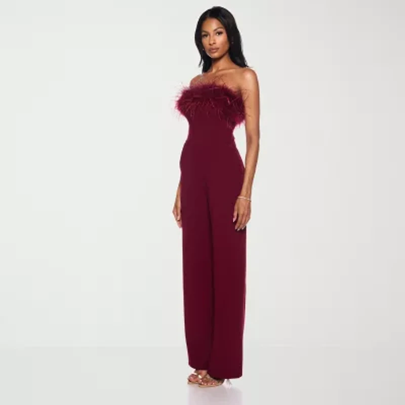 Premier Amour Womens Strapless Faux-Feather Trim Jumpsuit