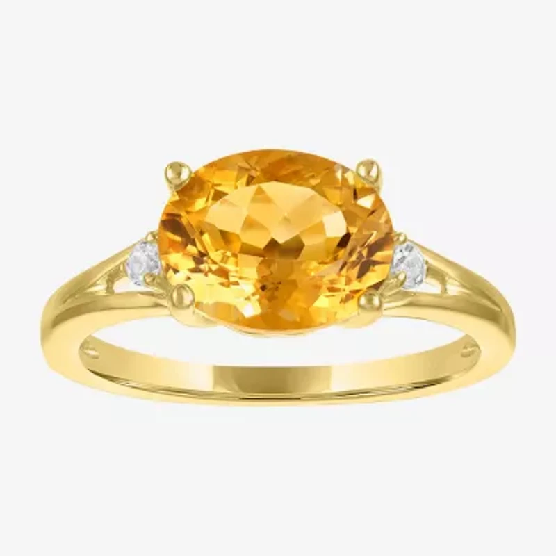 Womens Genuine Yellow Citrine 14K Gold Over Silver Oval 3-Stone Cocktail Ring