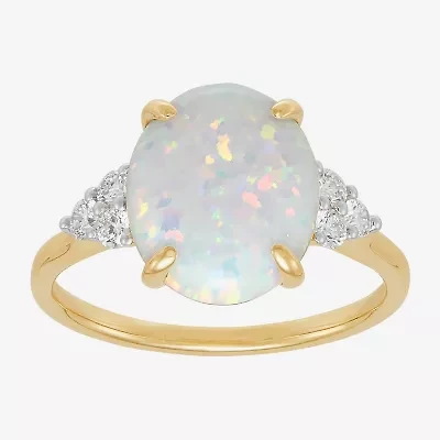 Womens Lab Created White Opal 14K Gold Over Silver Oval Side Stone Cocktail Ring
