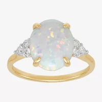 Womens Lab Created White Opal 14K Gold Over Silver Oval Side Stone Cocktail Ring