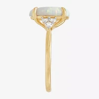 Womens Lab Created White Opal 14K Gold Over Silver Oval Side Stone Cocktail Ring